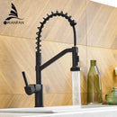 Modern matte black brass kitchen faucet with pull down sprayer