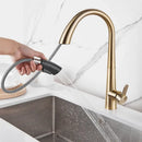 Modern matte black & brushed gold kitchen faucet with spring spout