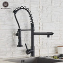 Modern matte black dual spout kitchen sink faucet with spring hose