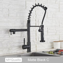 Modern matte black dual spout kitchen sink faucet with spring hose