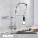 Modern matte black dual spout kitchen sink faucet with spring hose