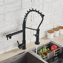 Modern matte black dual spout kitchen sink faucet with spring hose
