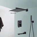 Modern matte black wall mounted rainfall shower with tub spout bathroom