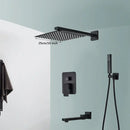 Modern matte black wall mounted rainfall shower with tub spout bathroom