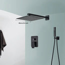 Modern matte black wall mounted rainfall shower with tub spout bathroom