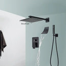 Modern matte black wall mounted rainfall shower with tub spout bathroom