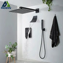 Modern matte black wall mounted rainfall shower with tub spout bathroom