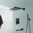 Modern matte black wall mounted rainfall shower with tub spout bathroom