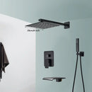 Modern matte black wall mounted rainfall shower with tub spout bathroom