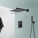 Modern matte black wall mounted rainfall shower with tub spout bathroom
