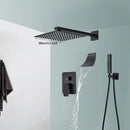Modern matte black wall mounted rainfall shower with tub spout bathroom