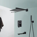 Modern matte black wall mounted rainfall shower with tub spout bathroom