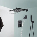Modern matte black wall mounted rainfall shower with tub spout bathroom