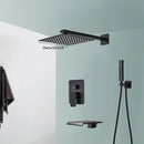 Modern matte black wall mounted rainfall shower with tub spout bathroom