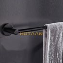 Modern matte black wall mounted towel bar with wood accents bathroom