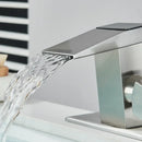 Modern matte black waterfall bathroom faucet with temperature display