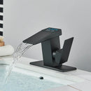 Modern matte black waterfall bathroom faucet with temperature display