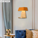 Modern metal trapezoid wall sconce with wooden backplate living room