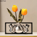 Modern metallic oval ceramic vase with artificial flowers – desk decor
