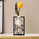 Modern metallic oval ceramic vase with artificial flowers – desk decor