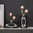 Modern metallic oval ceramic vase with artificial flowers – desk decor