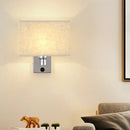 Modern rectangular chrome wall sconce with white beige fabric shade bedroom light