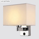 Modern rectangular chrome wall sconce with white beige fabric shade bedroom light