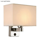 Modern rectangular chrome wall sconce with white beige fabric shade bedroom light