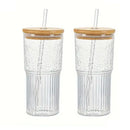 Modern ribbed glass cup with lid and straw kitchen drinking glass