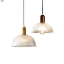 Modern ribbed glass led pendant light wood & brass kitchen chandelier
