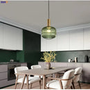 Modern ribbed glass pendant lights for dining room with brass stem