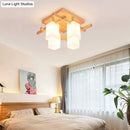 Modern square wood living room flush mount with white glass shade