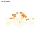 Modern square wood living room flush mount with white glass shade
