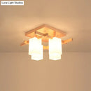 Modern square wood living room flush mount with white glass shade