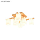Modern square wood living room flush mount with white glass shade