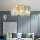 Modern teal & gold glass leaf chandelier light for living room