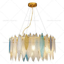 Modern teal & gold glass leaf chandelier light for living room