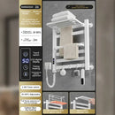 Modern white and gold electric towel radiator – bathroom storage shelf
