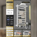 Modern white and gold electric towel radiator – bathroom storage shelf