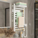 Modern white and gold electric towel radiator – bathroom storage shelf
