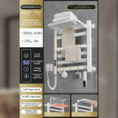 Modern white and gold electric towel radiator – bathroom storage shelf