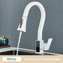 Modern white & black brass kitchen faucet with temperature display
