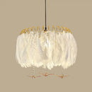 Modern white feather chandelier gold wire living room pendant light