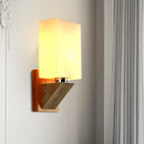 Modern white frosted glass wall lamp bedroom wood metal base