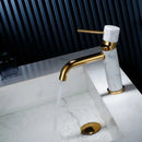 Modern white marble and brushed gold bathroom faucet with swivel spout