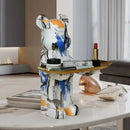 Modern white marble bear figurine sculpture with gold tray living room