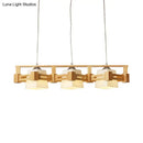 DecorBites™ Modern Cubic Frosted Glass Island Pendant Lamp with Wood Cage and 3 Beige Bulbs