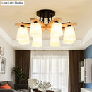 DecorBites™ Nordic Black and Wood Semi Flush Mount Chandelier with Milk Glass Shade - 3/6/8 Light Ceiling Fixture for Living Room