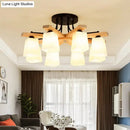 DecorBites™ Nordic Black and Wood Semi Flush Mount Chandelier with Milk Glass Shade - 3/6/8 Light Ceiling Fixture for Living Room