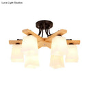 DecorBites™ Nordic Black and Wood Semi Flush Mount Chandelier with Milk Glass Shade - 3/6/8 Light Ceiling Fixture for Living Room